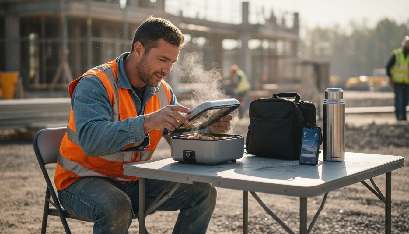 Worker opens electric lunch box at jobsite