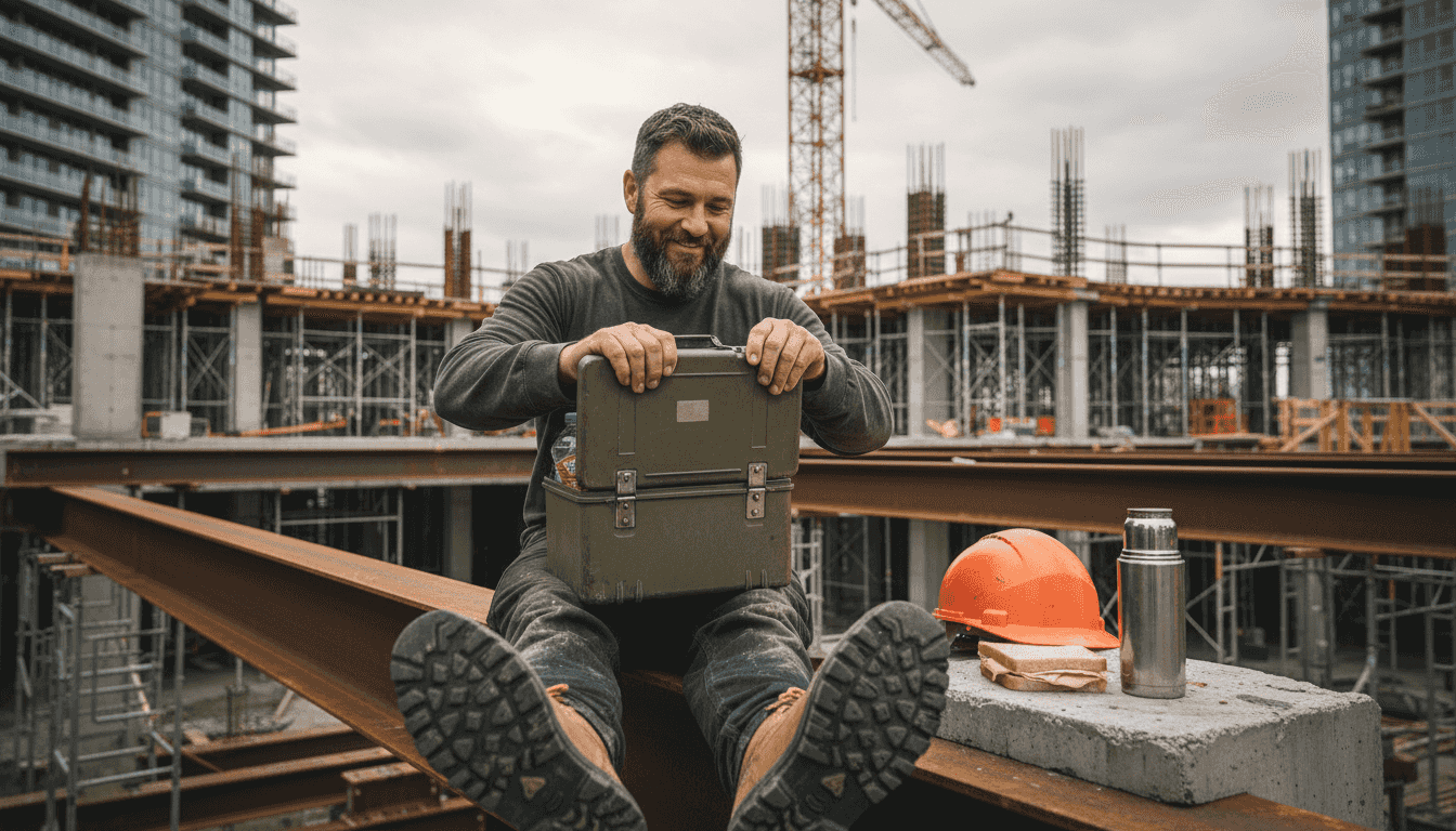 Worker opening insulated lunch box on jobsite