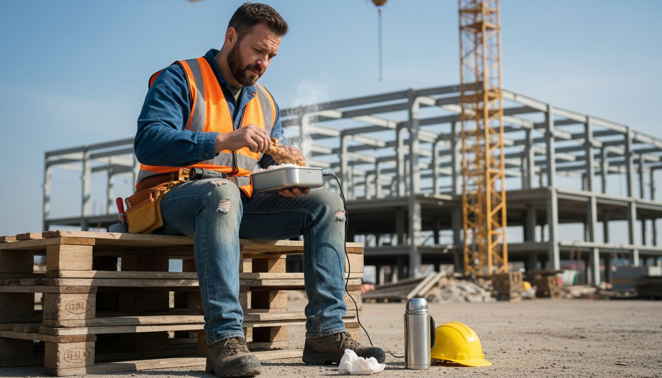 Construction worker using electric lunch box on site