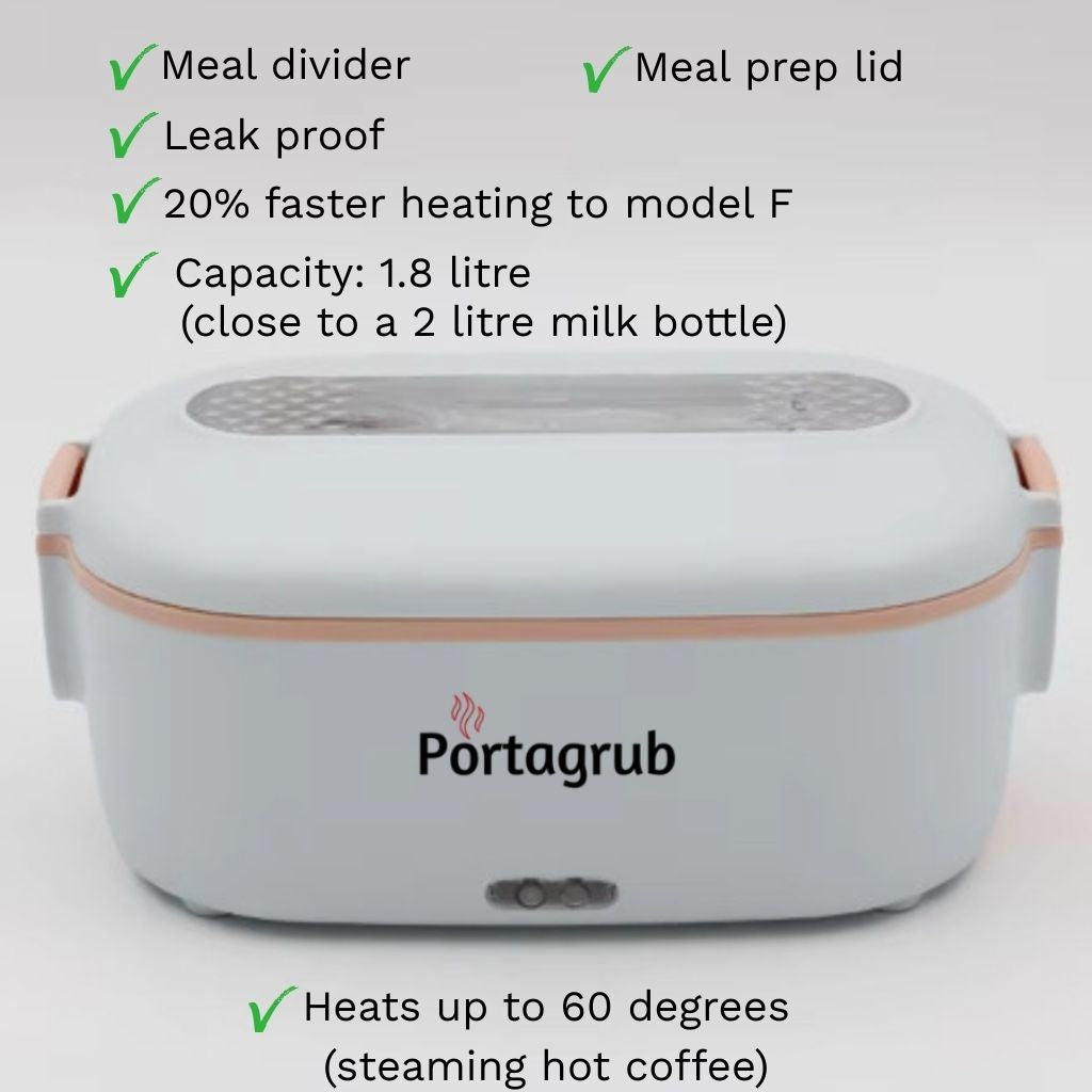 Portagrub Model S electric heated lunch box next to a traditional thermos flask