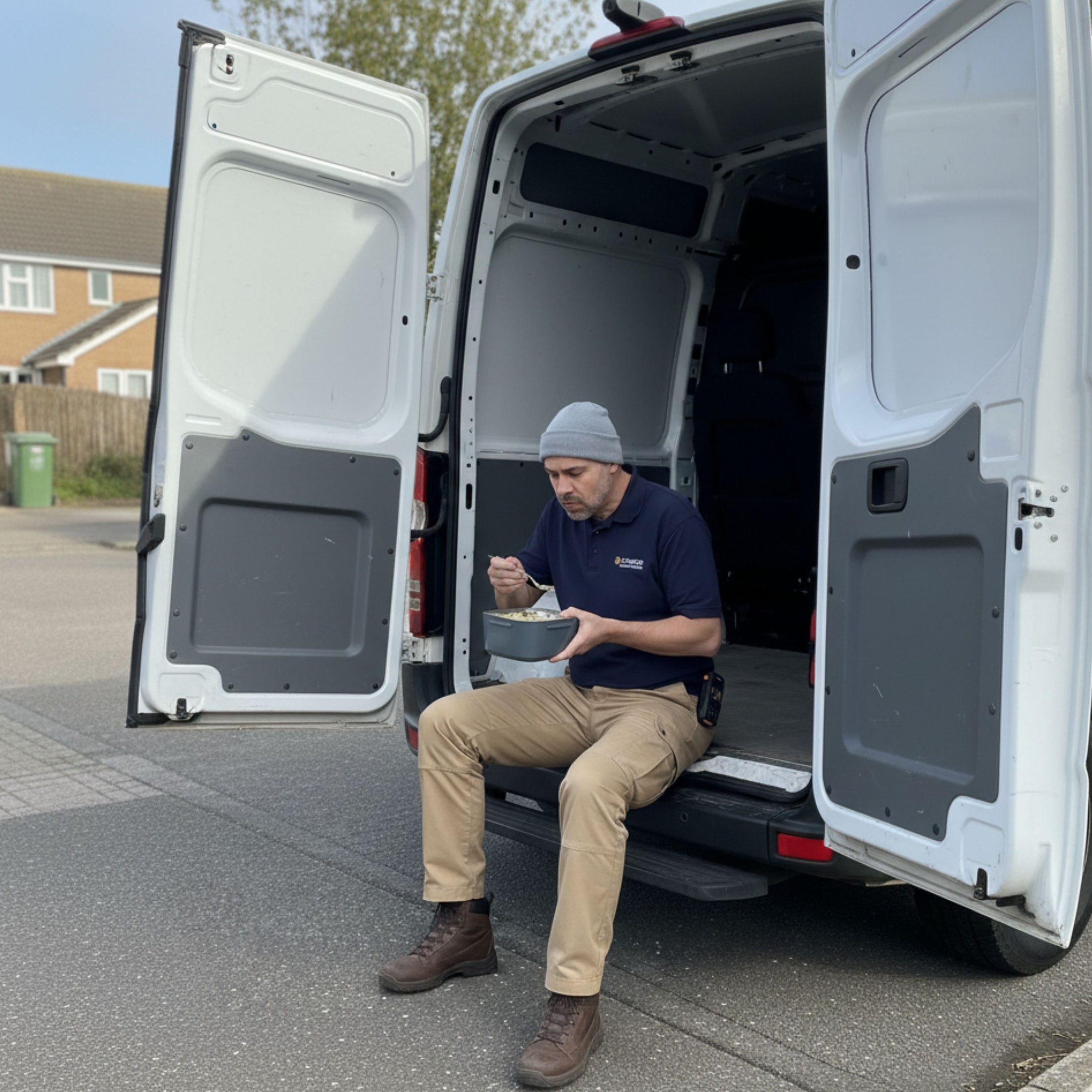 Man sitting inside an open van eating a meal from a Portagrub (hot lunch box)